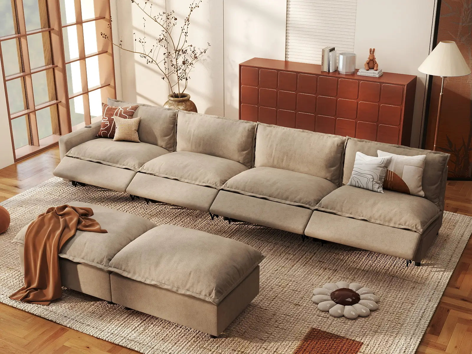 6 Piece Khaki Linen Quiet Motion Sofa Sets 4 Seater with 2 Ottomans 1