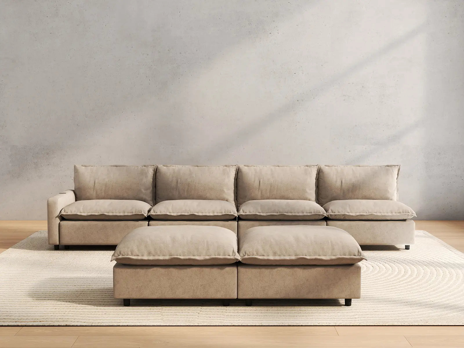 6 Piece Khaki Linen Quiet Motion Sofa Sets 4 Seater with 2 Ottomans 4