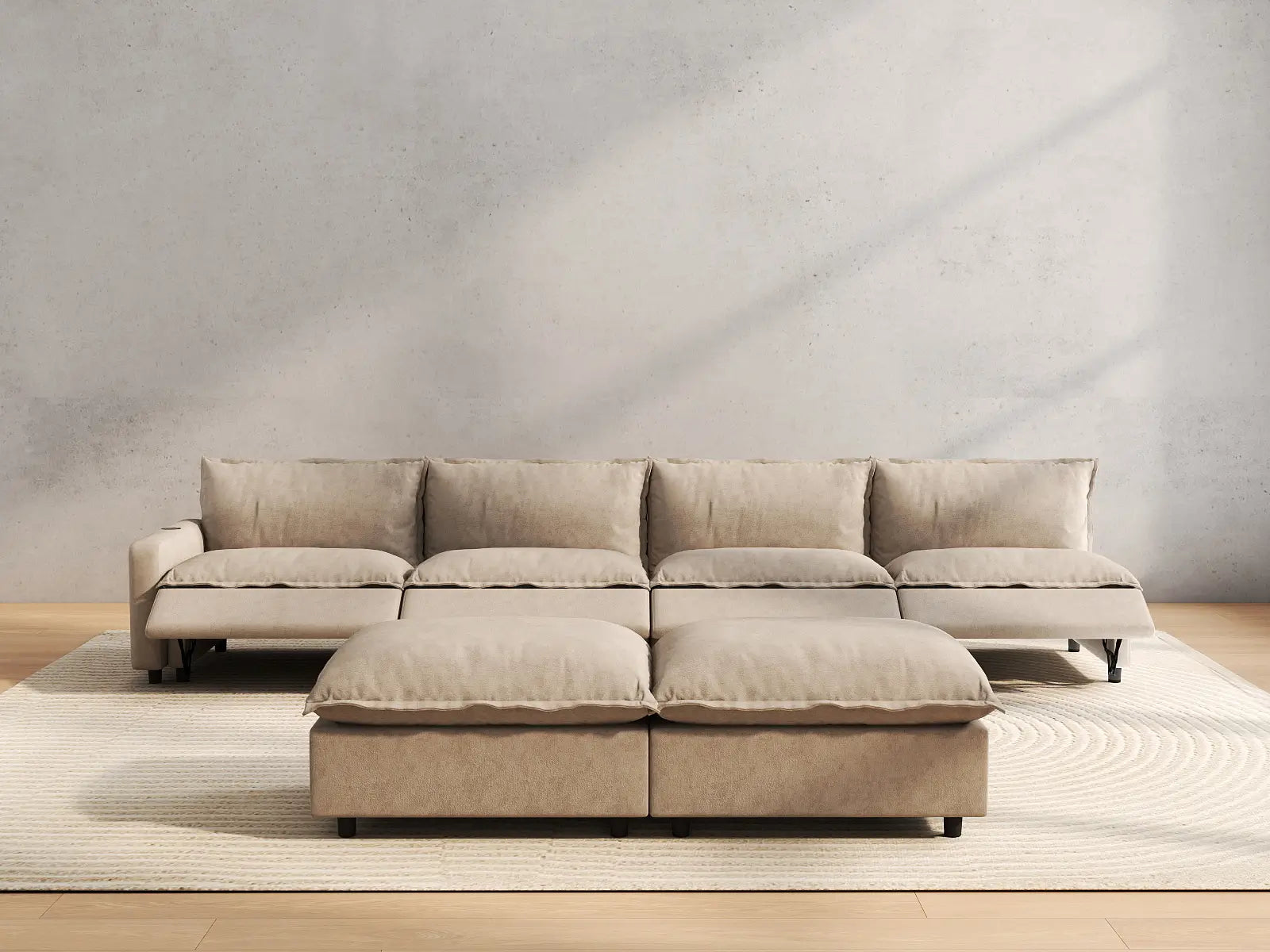 6 Piece Khaki Linen Quiet Motion Sofa Sets 4 Seater with 2 Ottomans 5