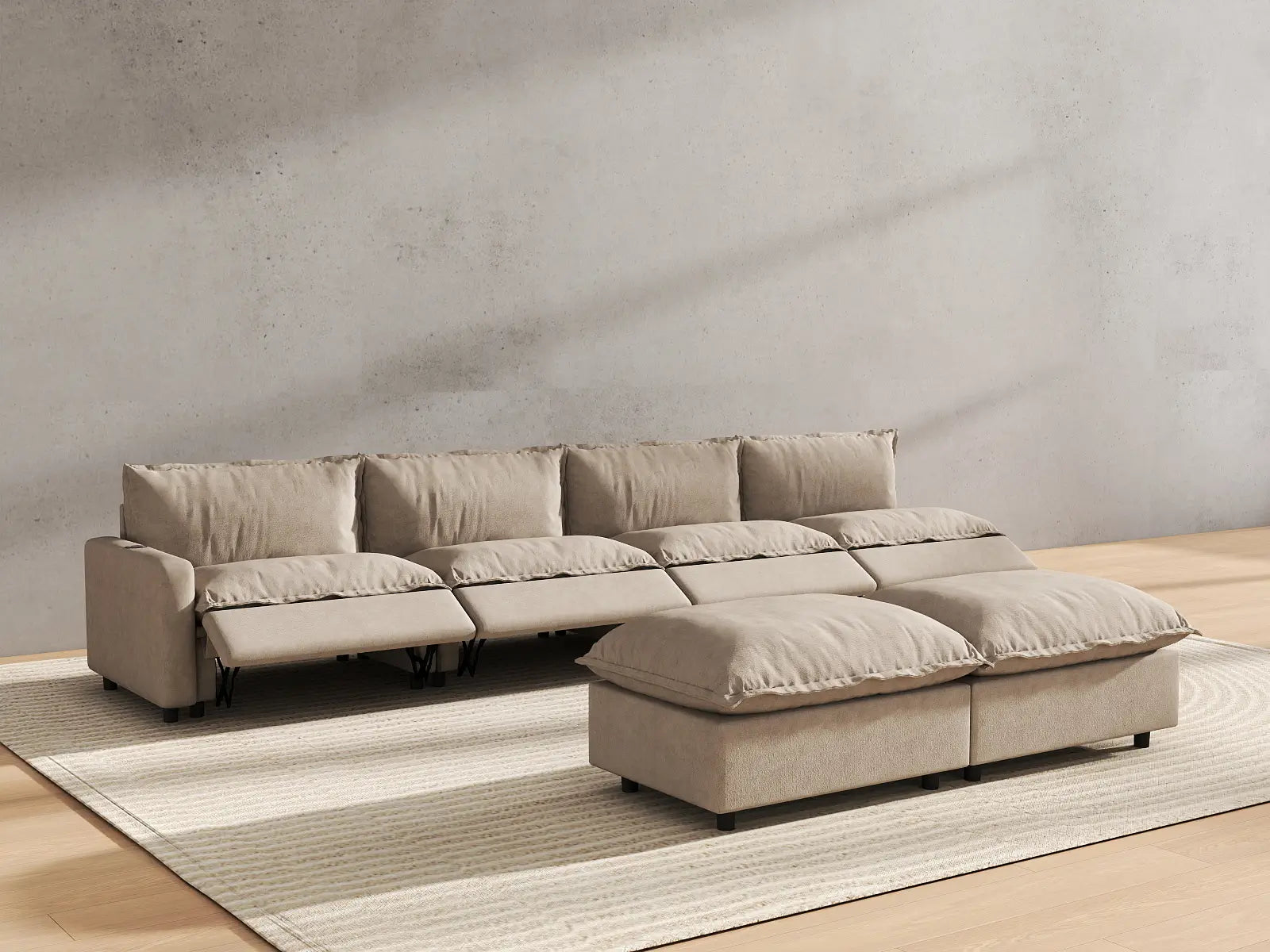 6 Piece Khaki Linen Quiet Motion Sofa Sets 4 Seater with 2 Ottomans 6