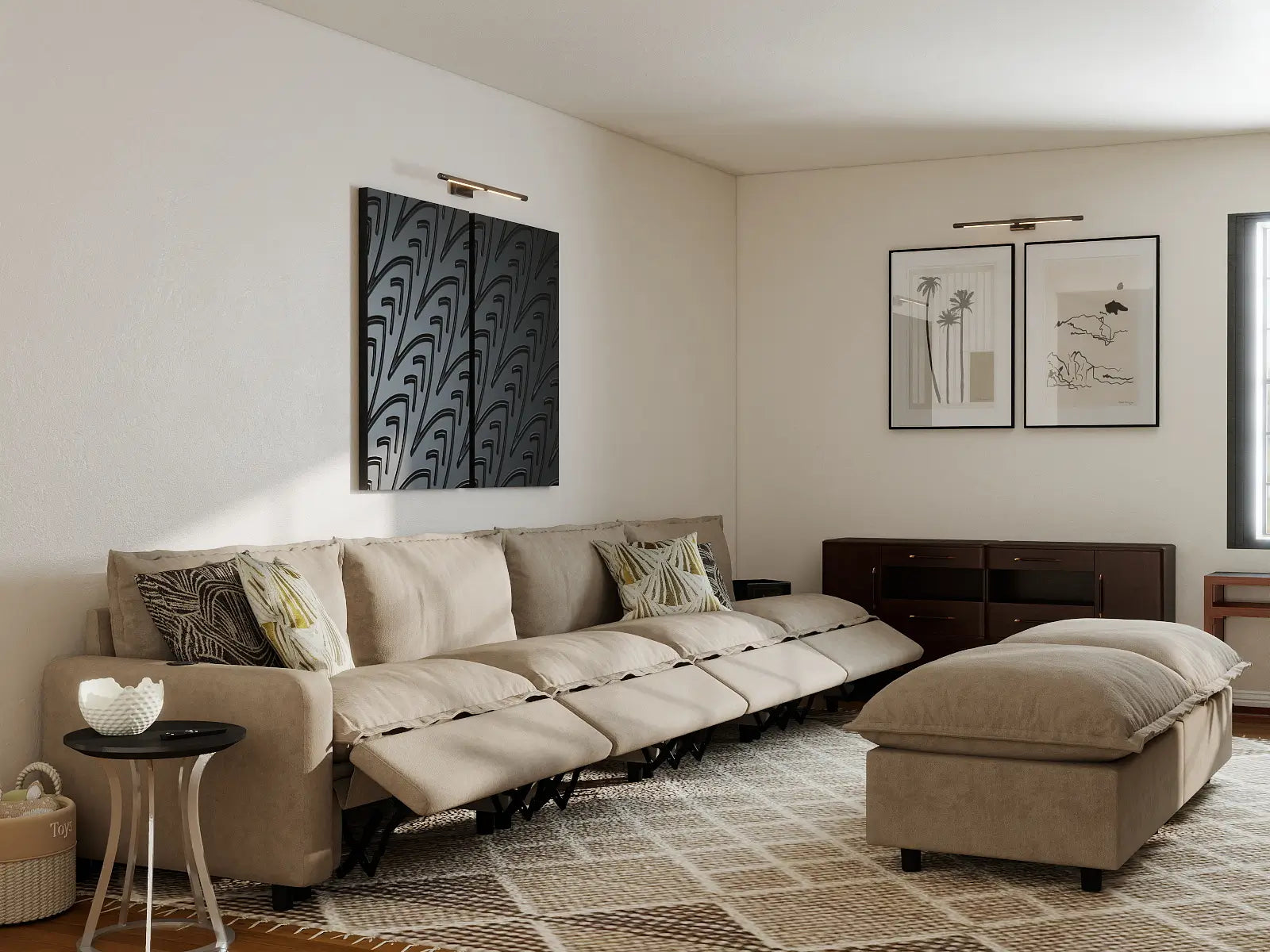 6 Piece Khaki Linen Quiet Motion Sofa Sets 4 Seater with 2 Ottomans 7