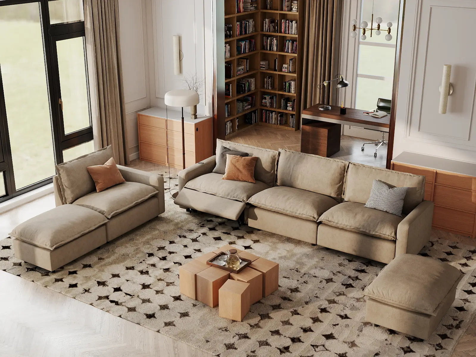 6 Piece Khaki Linen Safe Motion Corner Sectionals 4 Seater with 2 Ottomans 1