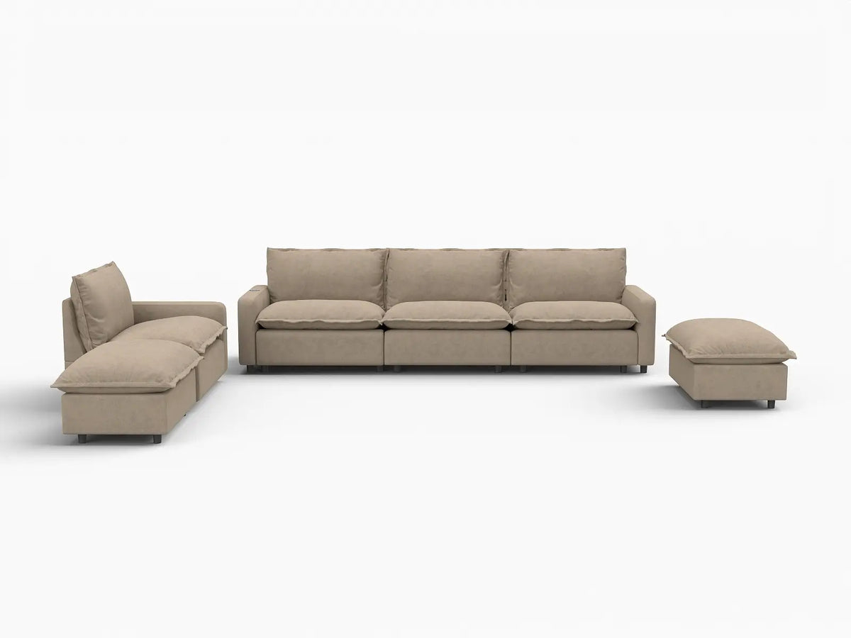 6 Piece Khaki Linen Safe Motion Corner Sectionals 4 Seater with 2 Ottomans 2