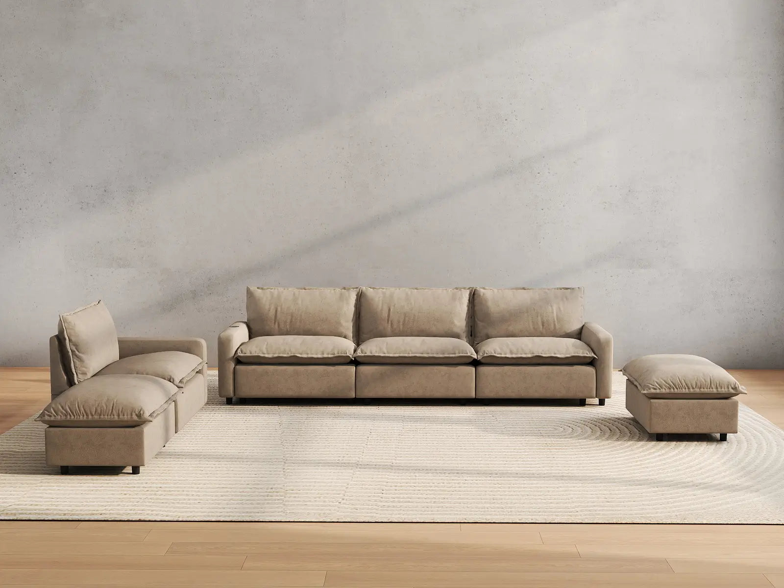 6 Piece Khaki Linen Safe Motion Corner Sectionals 4 Seater with 2 Ottomans 4