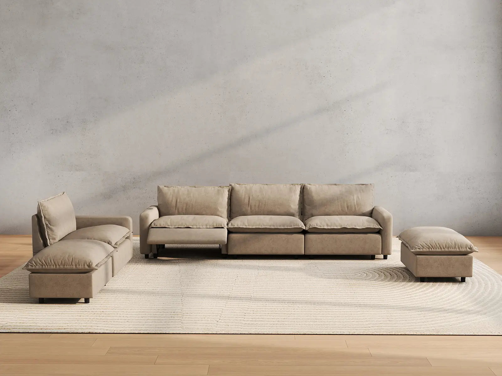 6 Piece Khaki Linen Safe Motion Corner Sectionals 4 Seater with 2 Ottomans 5