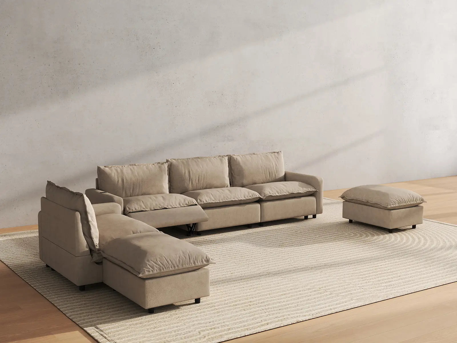 6 Piece Khaki Linen Safe Motion Corner Sectionals 4 Seater with 2 Ottomans 6