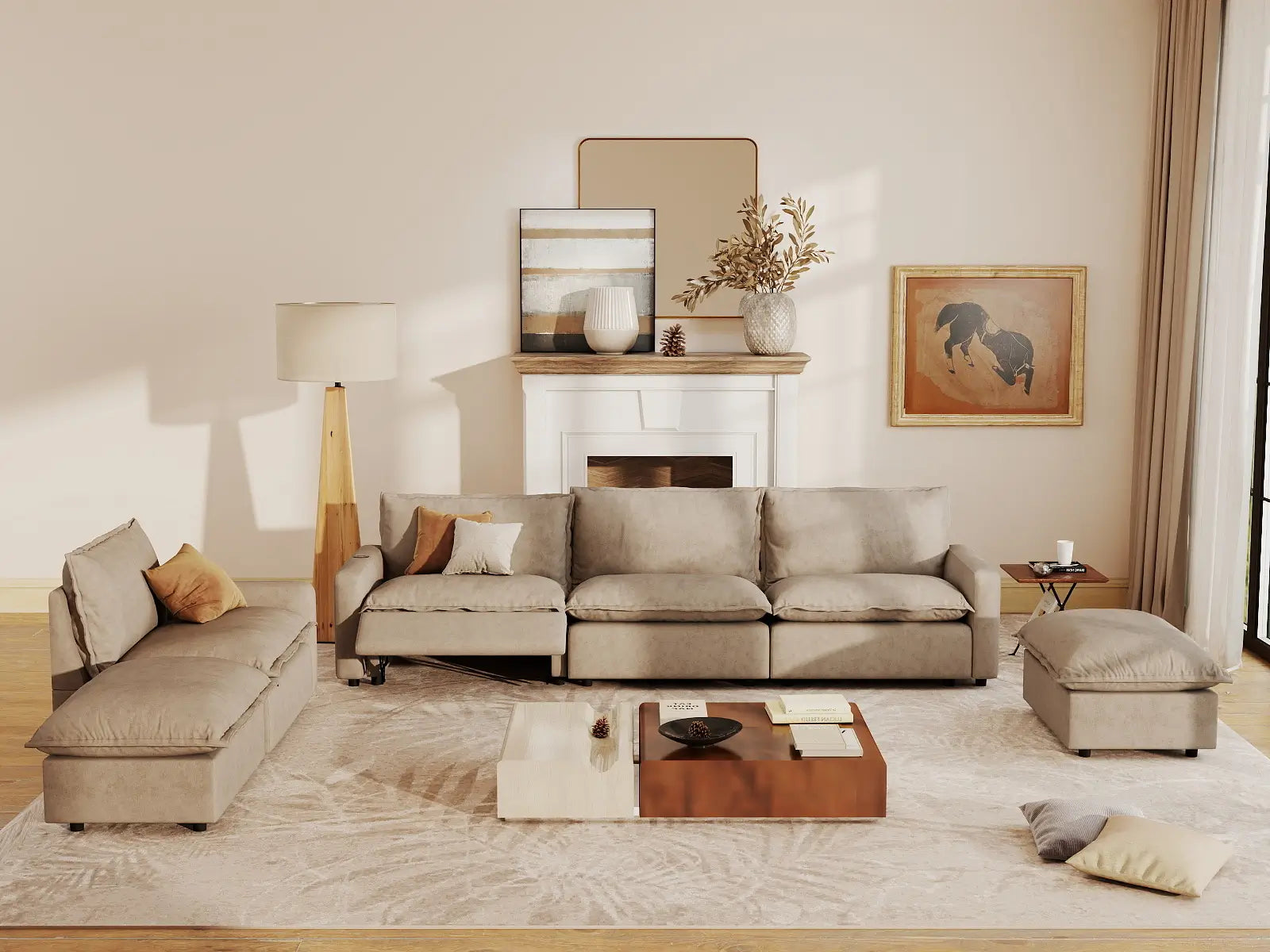 6 Piece Khaki Linen Safe Motion Corner Sectionals 4 Seater with 2 Ottomans 7
