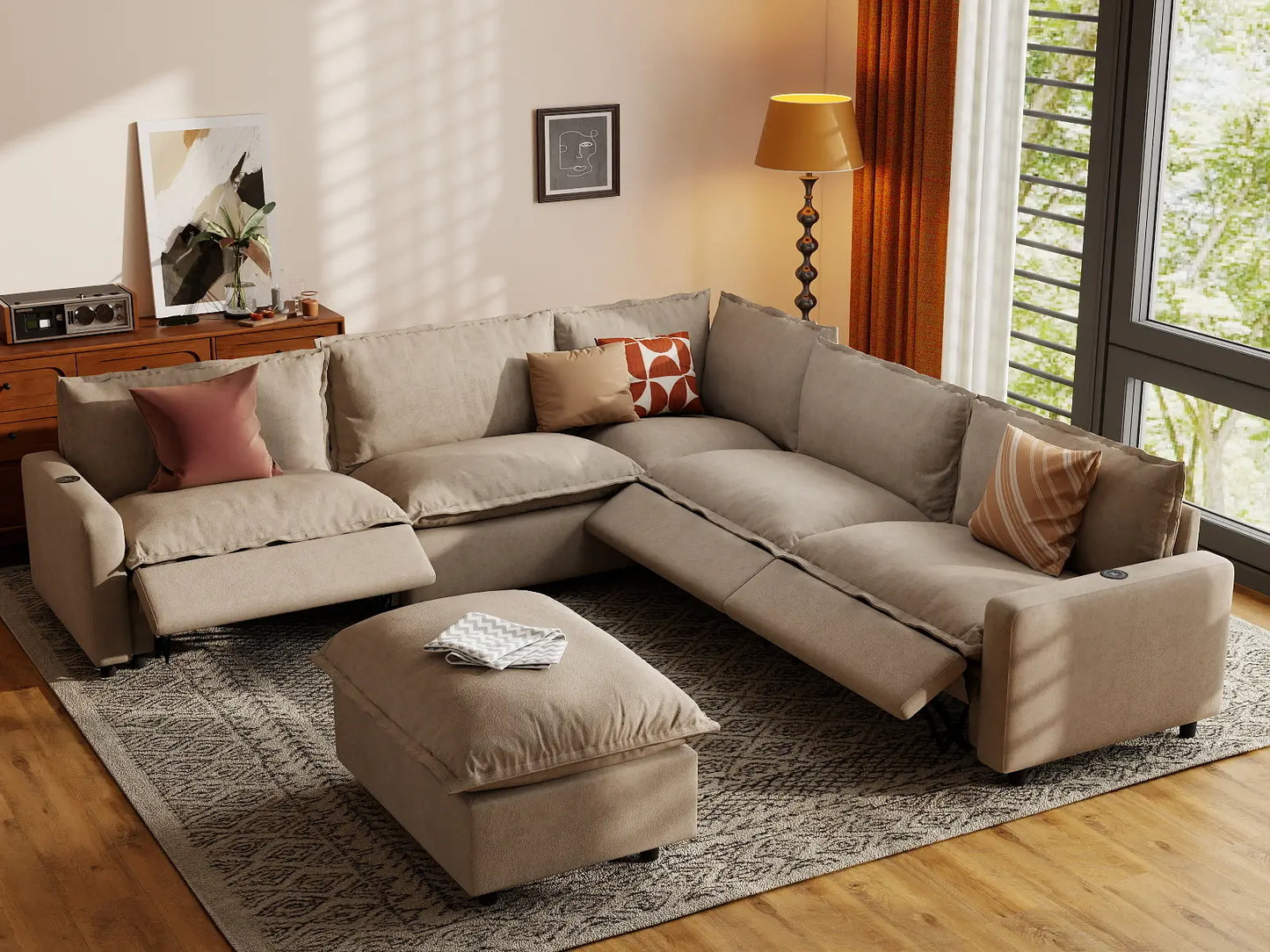 6 Piece Khaki Linen VIP Lounge Seat Sofa Sets 5 Seater with 1 Ottoman 1