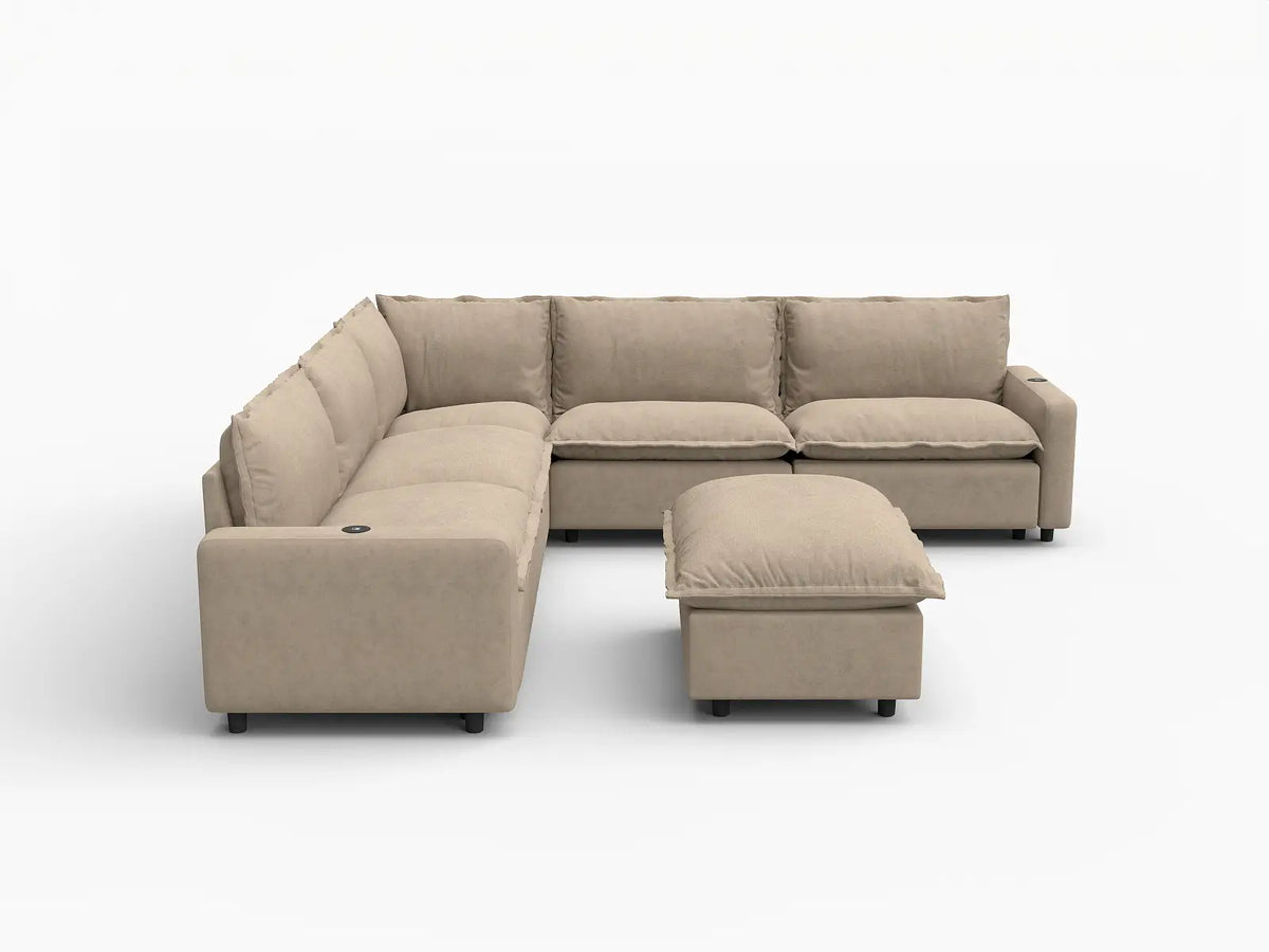 6 Piece Khaki Linen VIP Lounge Seat Sofa Sets 5 Seater with 1 Ottoman 2