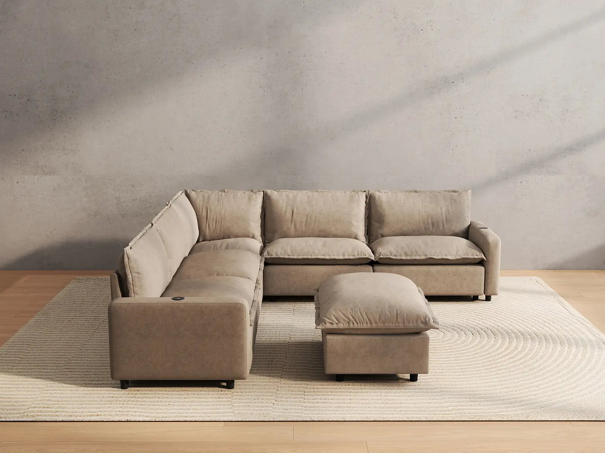 6 Piece Khaki Linen VIP Lounge Seat Sofa Sets 5 Seater with 1 Ottoman 4
