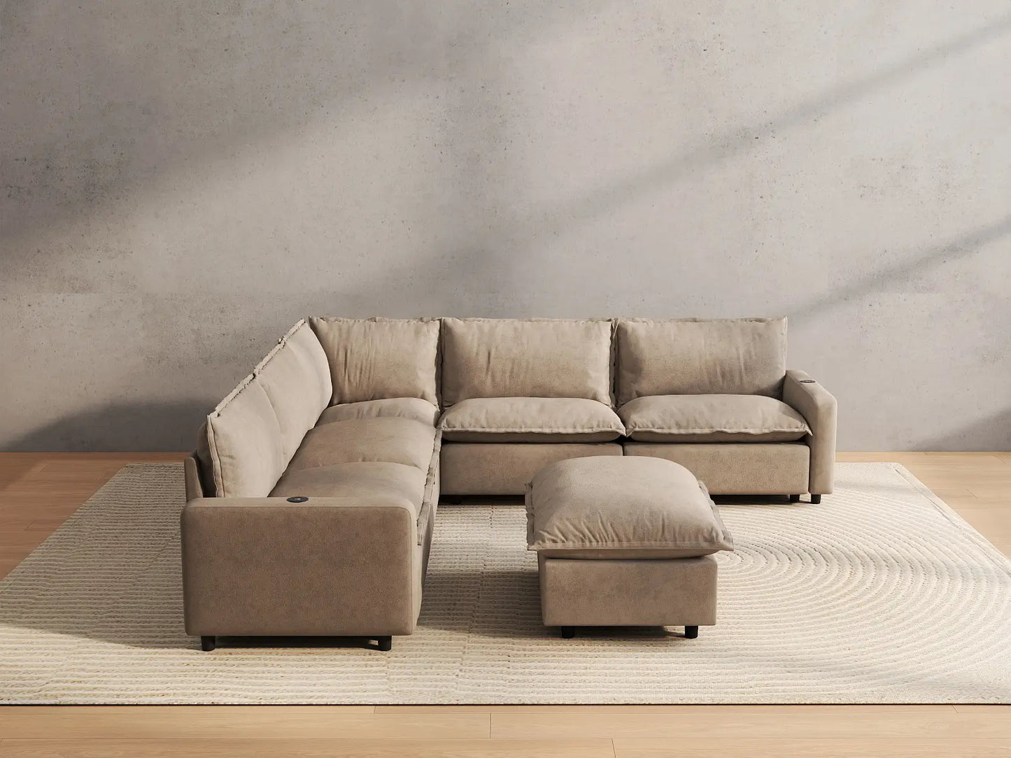 6 Piece Khaki Linen VIP Lounge Seat Sofa Sets 5 Seater with 1 Ottoman 4