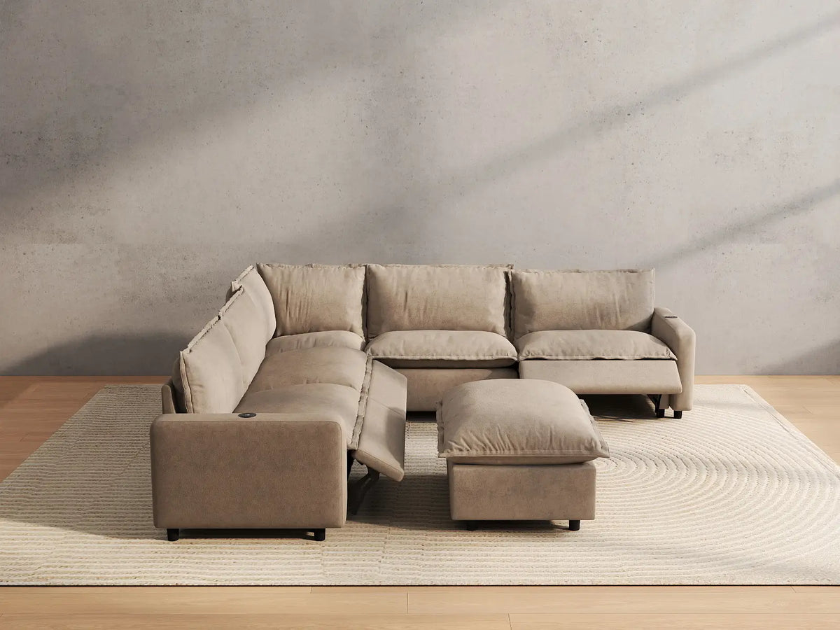 6 Piece Khaki Linen VIP Lounge Seat Sofa Sets 5 Seater with 1 Ottoman 5