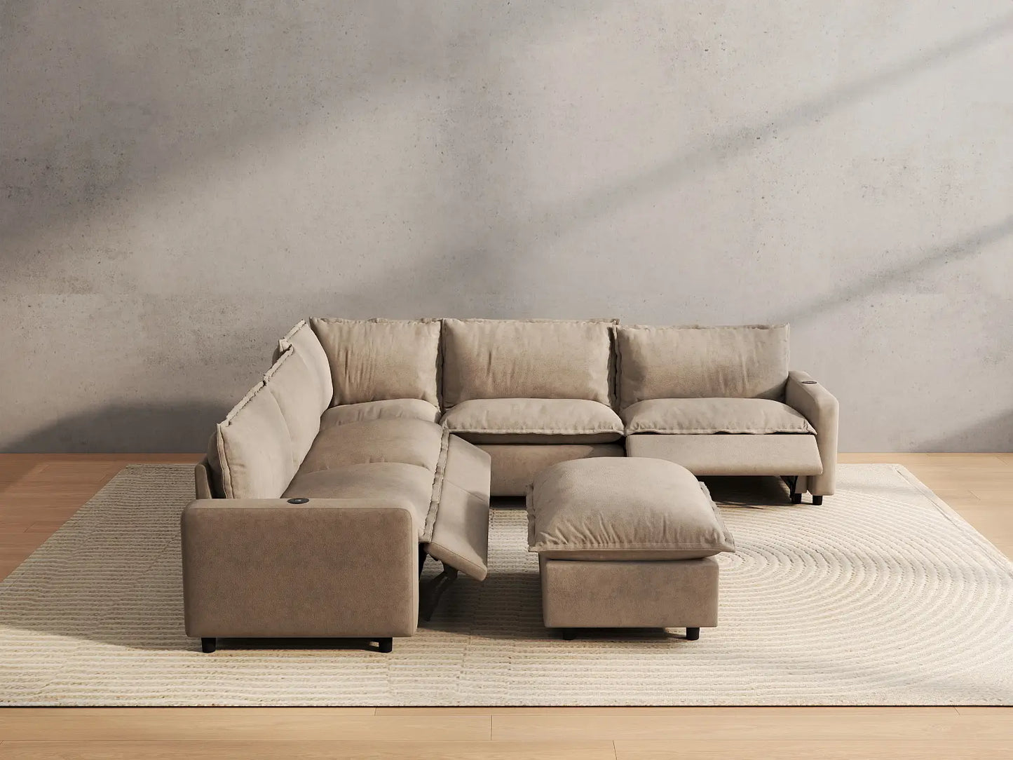 6 Piece Khaki Linen VIP Lounge Seat Sofa Sets 5 Seater with 1 Ottoman 5