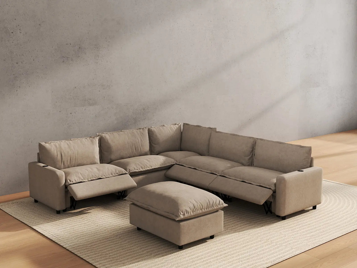 6 Piece Khaki Linen VIP Lounge Seat Sofa Sets 5 Seater with 1 Ottoman 6