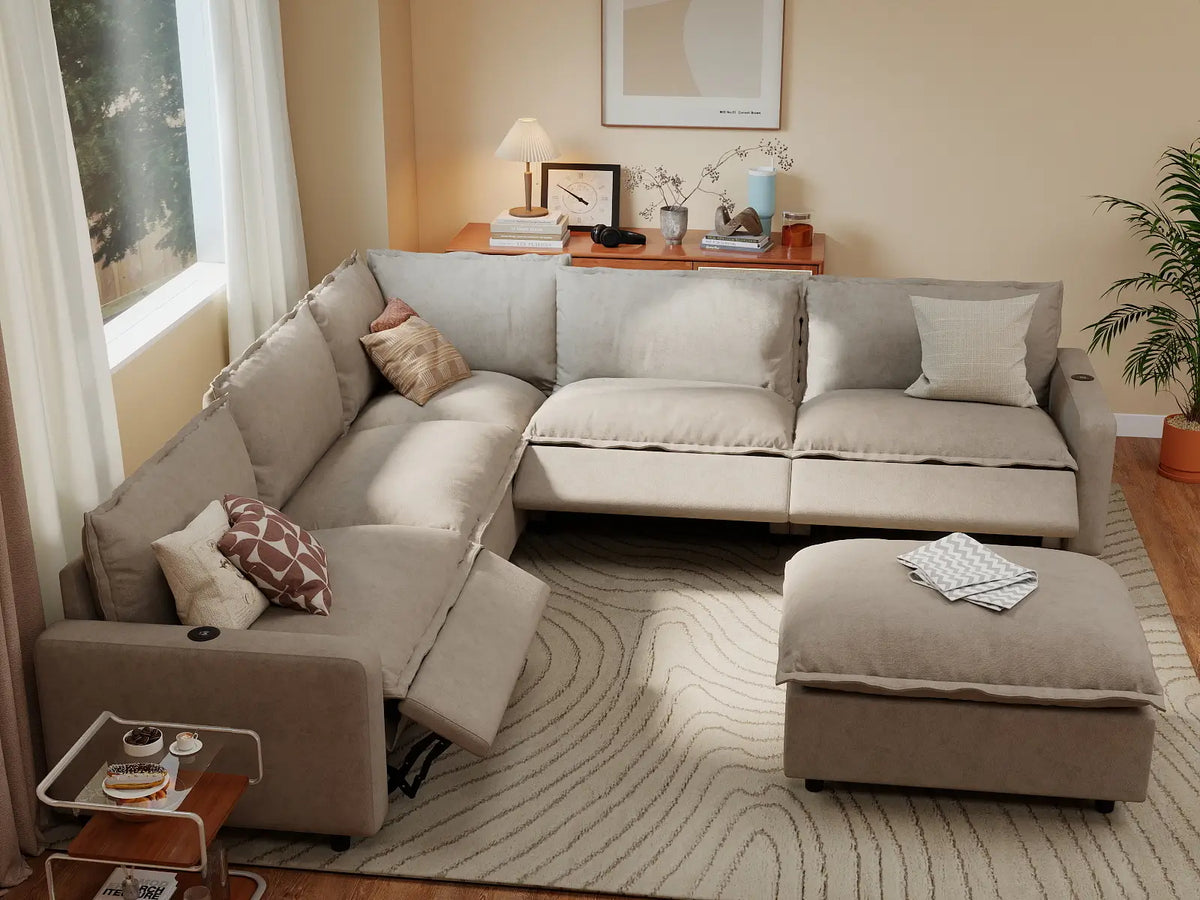 6 Piece Khaki Linen VIP Lounge Seat Sofa Sets 5 Seater with 1 Ottoman 7