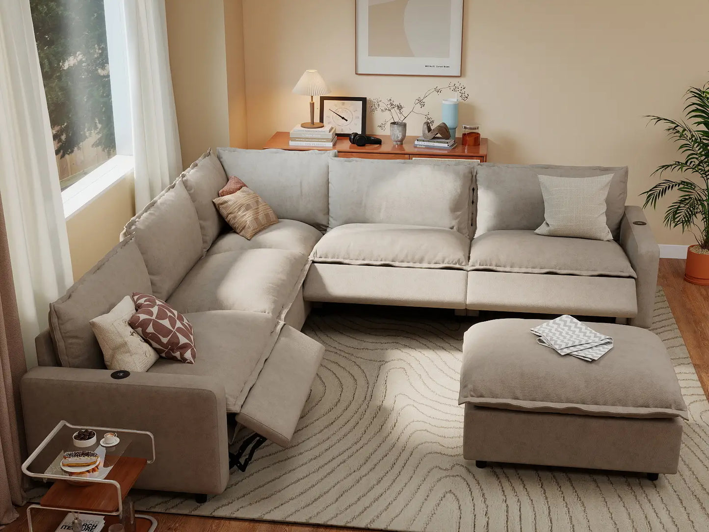 6 Piece Khaki Linen VIP Lounge Seat Sofa Sets 5 Seater with 1 Ottoman 7