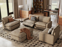 6 Piece Khaki Linen Work Or Nap U Shaped Sectionals 4 Seater with 2 Ottomans 1