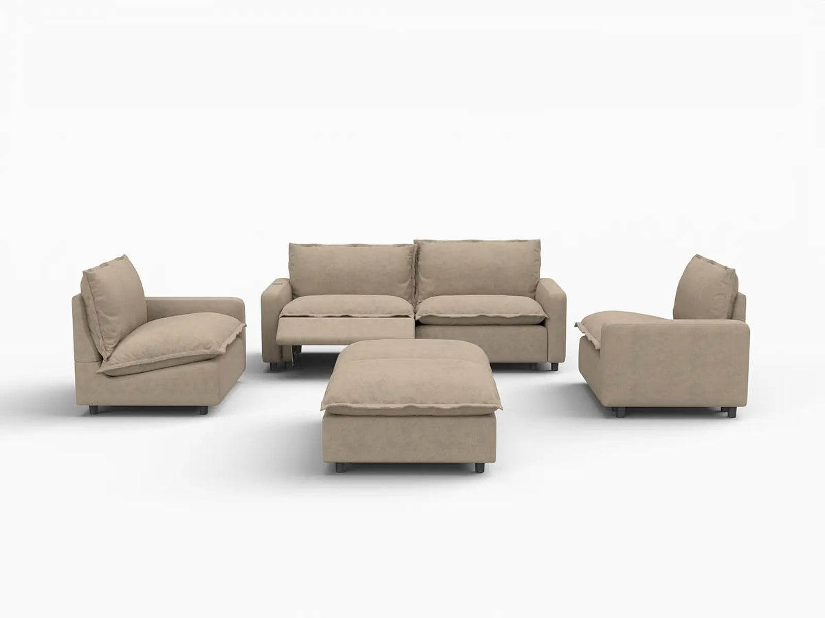 6 Piece Khaki Linen Work Or Nap U Shaped Sectionals 4 Seater with 2 Ottomans 3