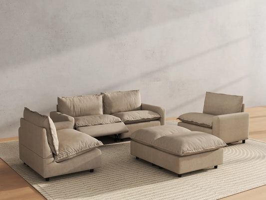 6 Piece Khaki Linen Work Or Nap U Shaped Sectionals 4 Seater with 2 Ottomans 6