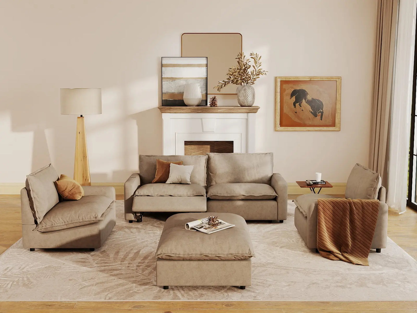 6 Piece Khaki Linen Work Or Nap U Shaped Sectionals 4 Seater with 2 Ottomans 7