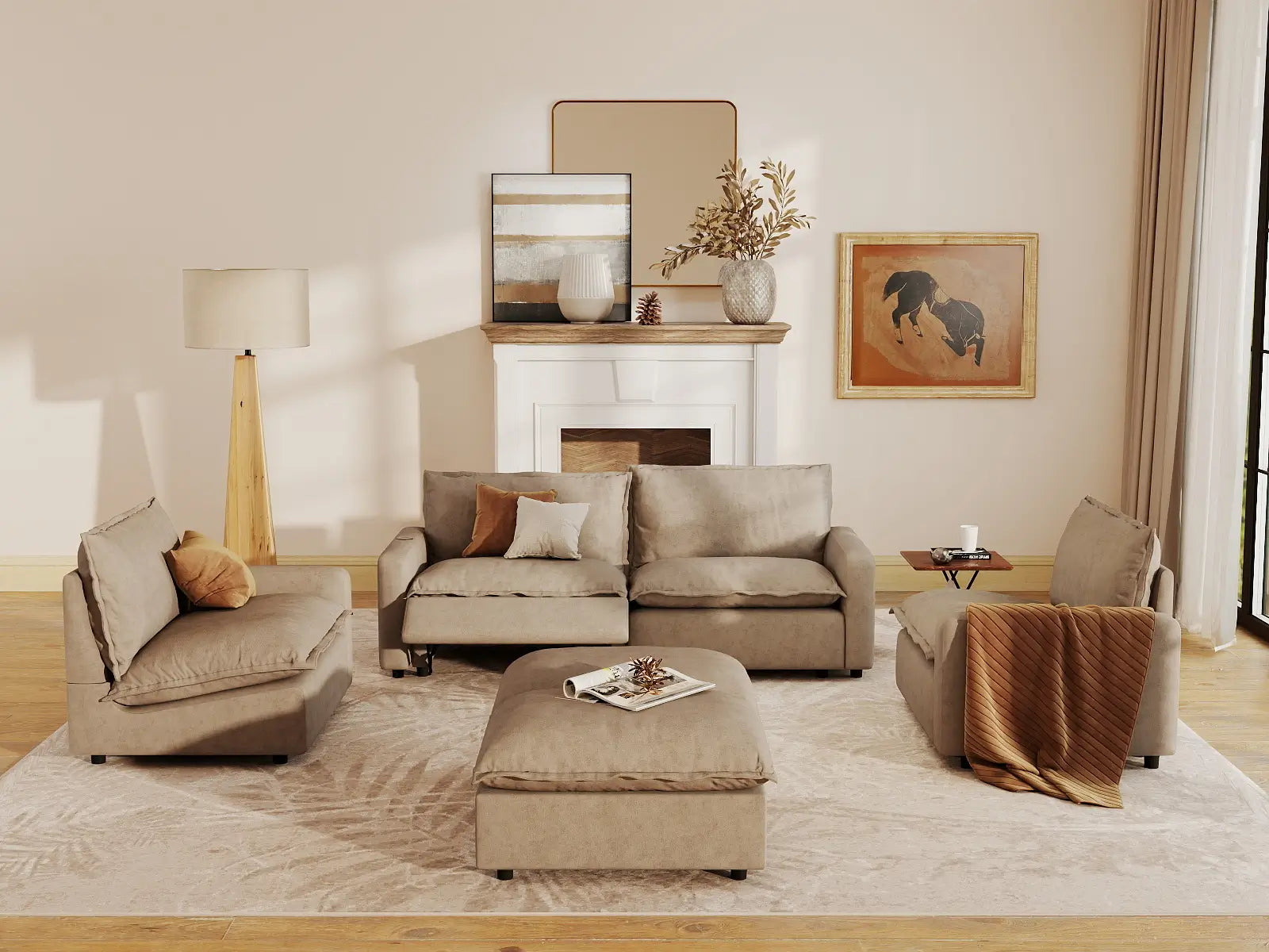 6 Piece Khaki Linen Work Or Nap U Shaped Sectionals 4 Seater with 2 Ottomans 7