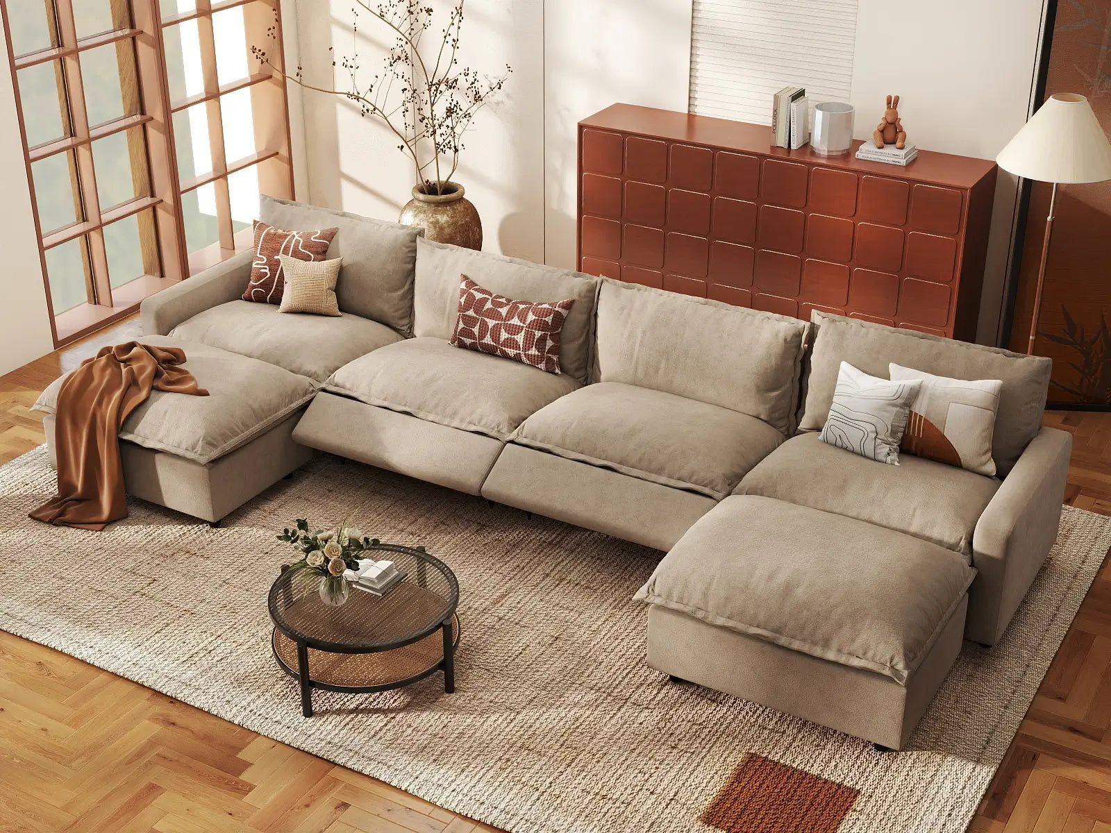 6 Piece Khaki Linen Your Perfect Angle U Shaped Sectionals 4 Seater with 2 Ottomans 1