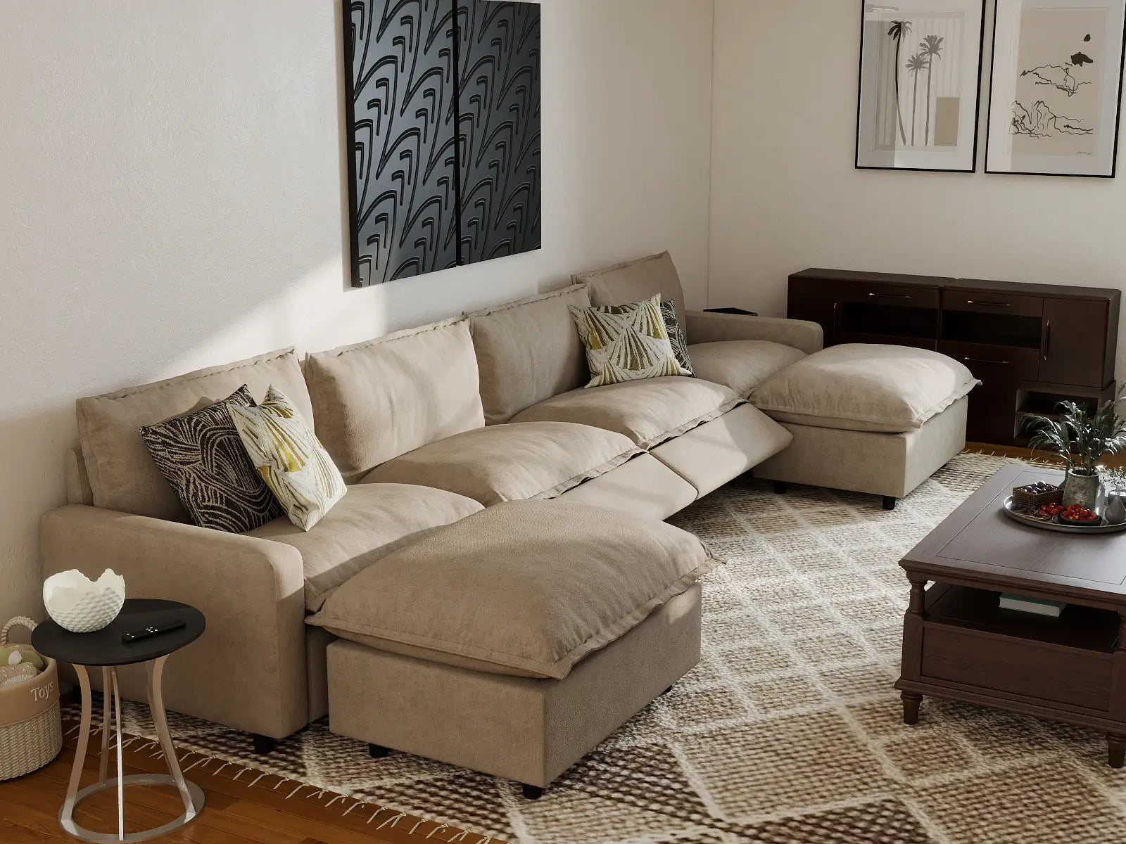 6 Piece Khaki Linen Your Perfect Angle U Shaped Sectionals 4 Seater with 2 Ottomans 7