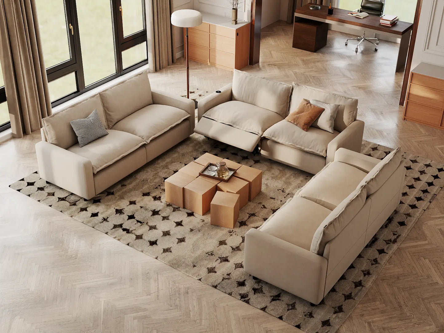 Modular Cero Reclining Sectionals | 6-Piece Beige Linen Grand Estate U-Shaped Sectionals 6-Seater