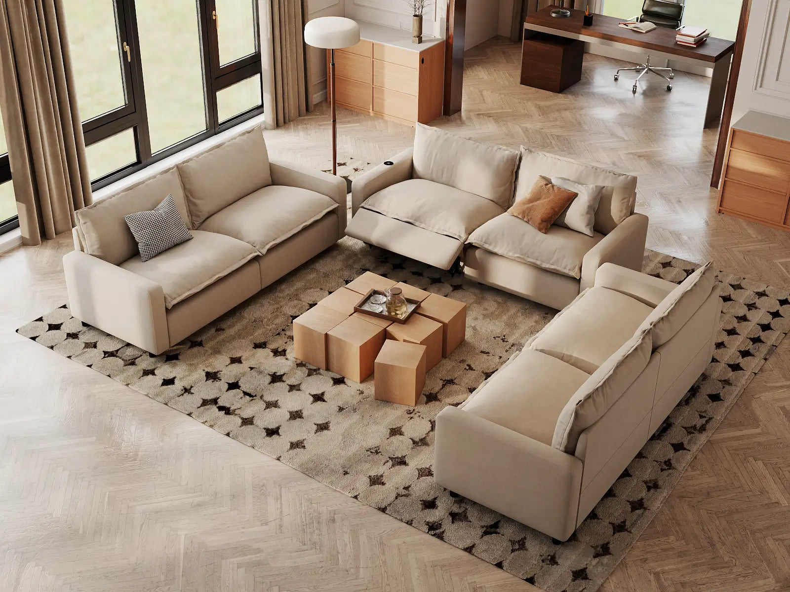 Modular Cero U Shaped Sectional with Recliner | 6-Piece Beige Linen Grand Estate U-Shaped Sectionals 6-Seater