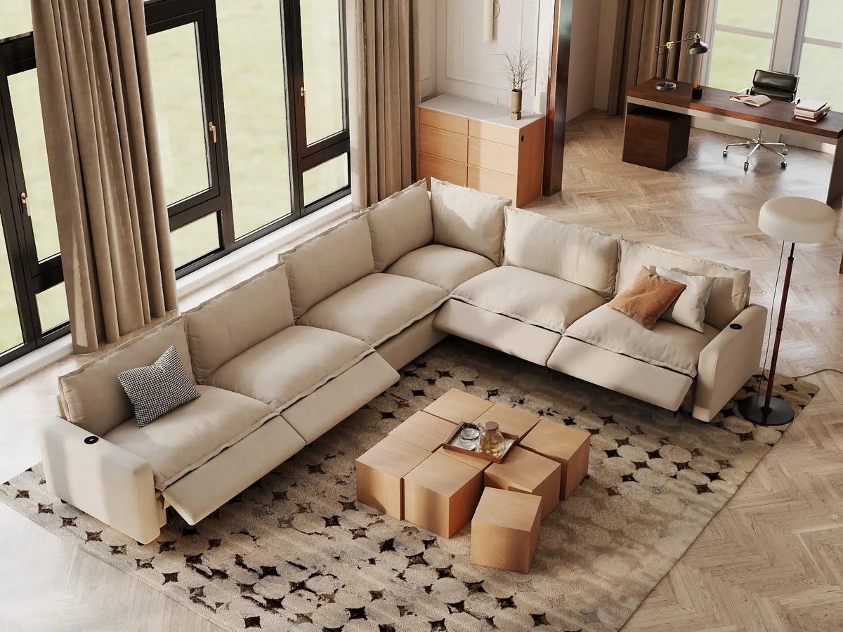 Modular Cero Reclining Sectionals | 6-Piece Beige Linen Grand Estate V-Shaped Sectionals 6-Seater