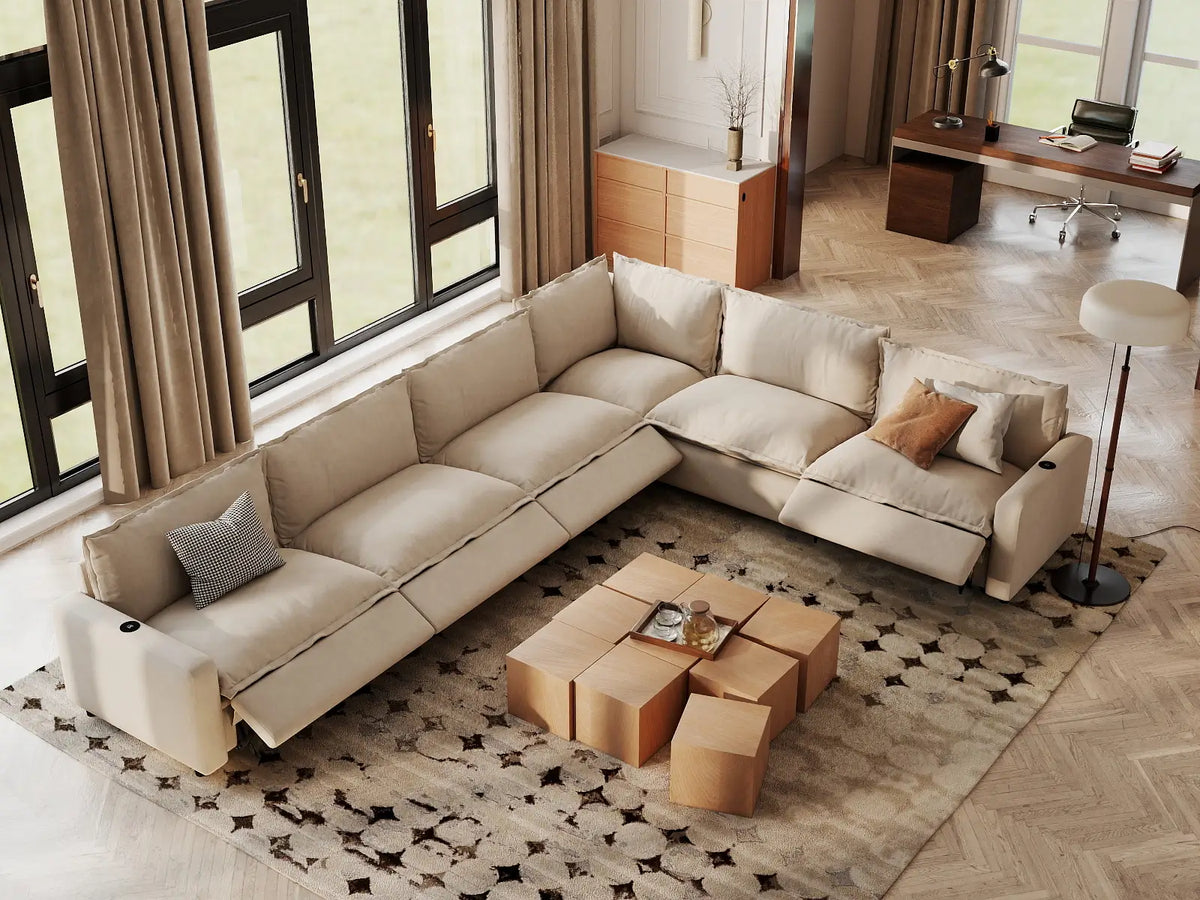 Modular Cero Reclining Sectionals | 6-Piece Beige Linen Grand Estate V-Shaped Sectionals 6-Seater