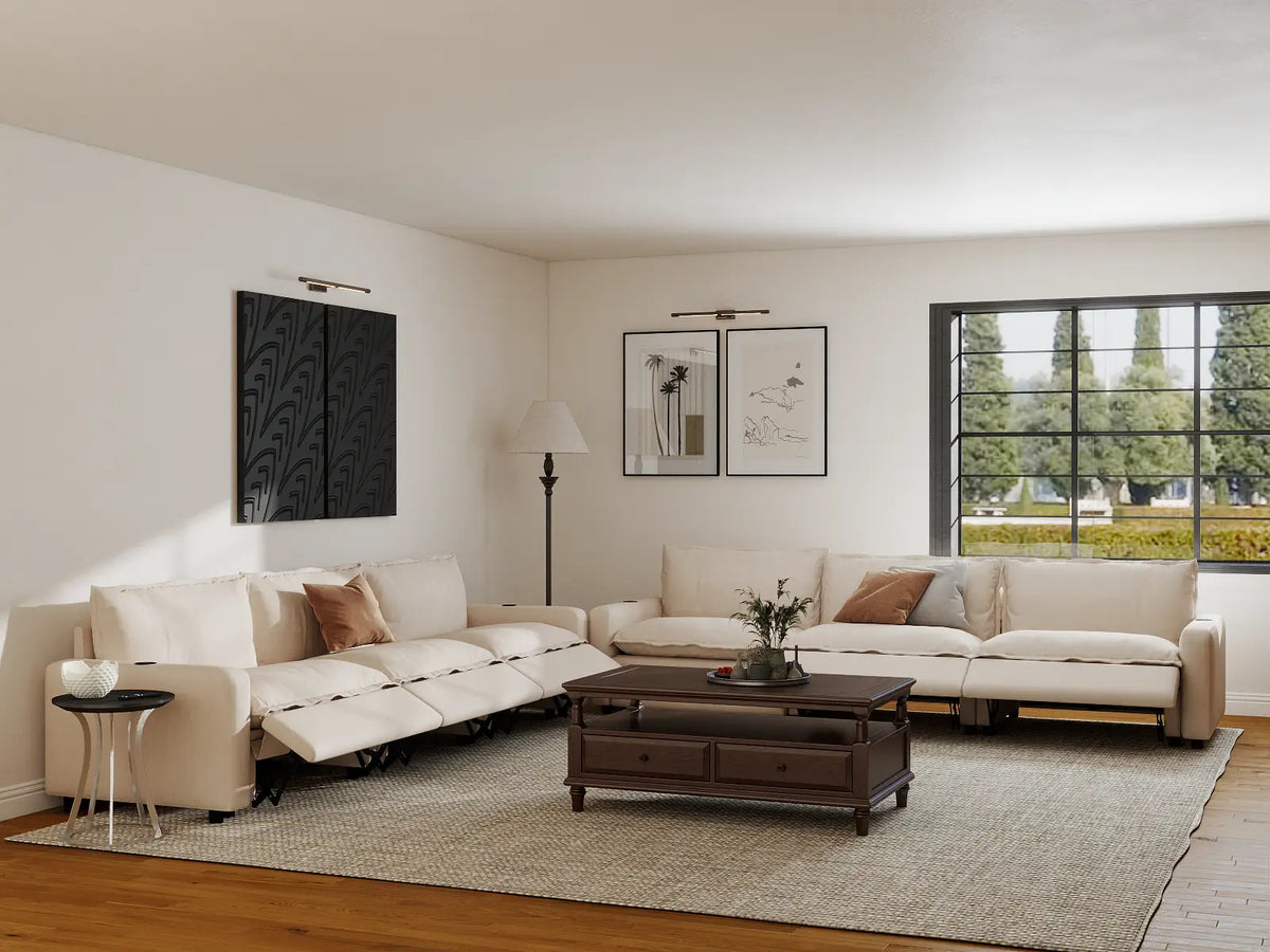 Modular Cero Reclining Sectionals | 6-Piece Beige Linen Grand Estate V-Shaped Sectionals 6-Seater