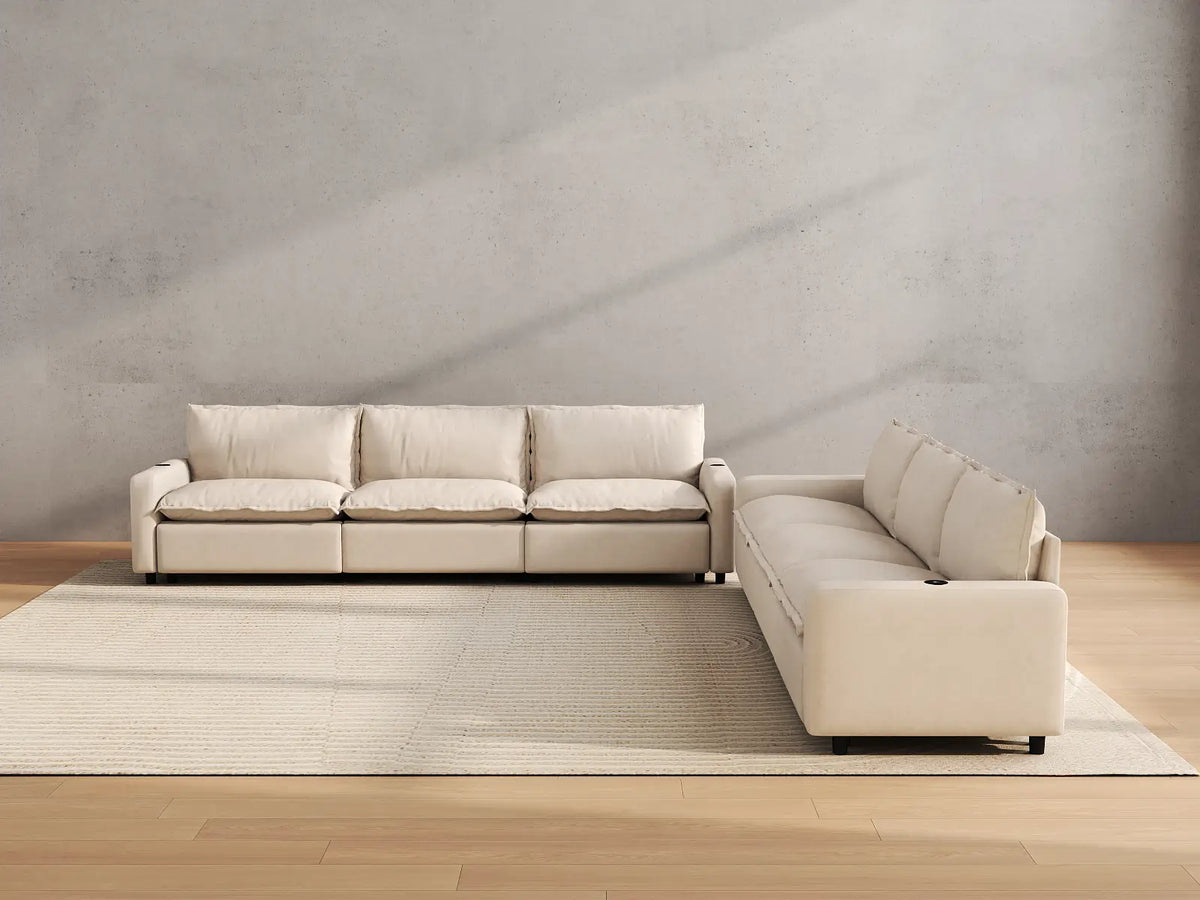 Modular Cero Reclining Sectionals | 6-Piece Beige Linen Grand Estate V-Shaped Sectionals 6-Seater