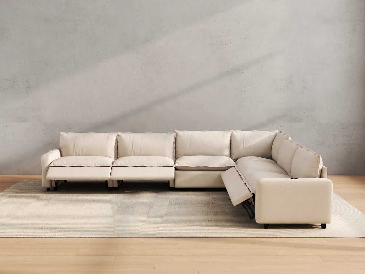 Modular Cero Reclining Sectionals | 6-Piece Beige Linen Grand Estate V-Shaped Sectionals 6-Seater