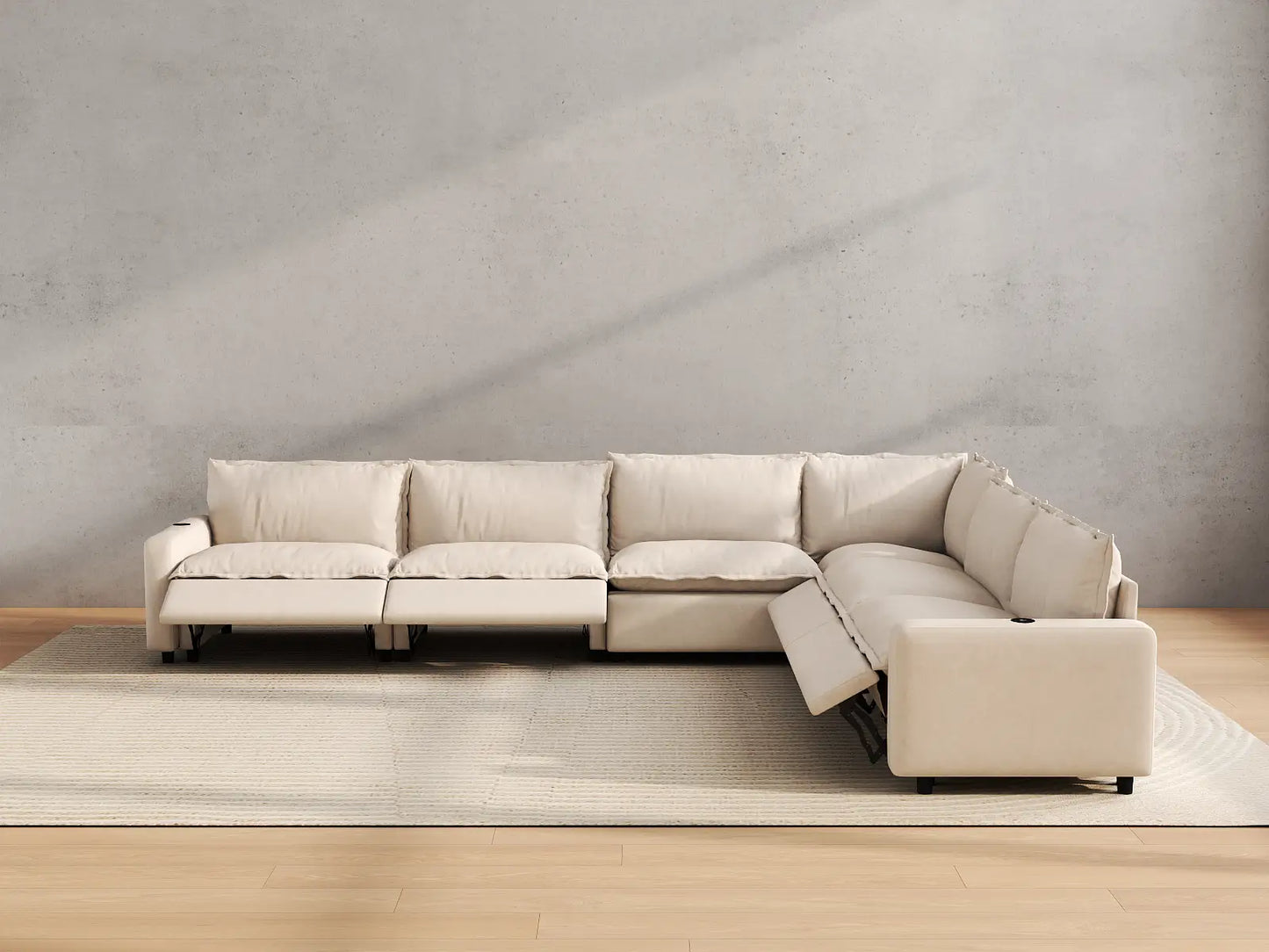 Modular Cero Reclining Sectionals | 6-Piece Beige Linen Grand Estate V-Shaped Sectionals 6-Seater