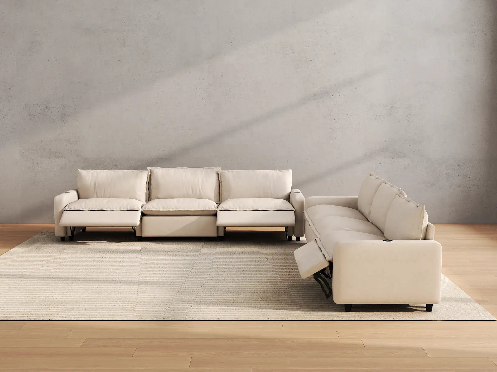 Modular Cero Sectional Sofa with Recliner | 6-Piece Beige Linen Grand Estate V-Shaped Sectionals 6-Seater