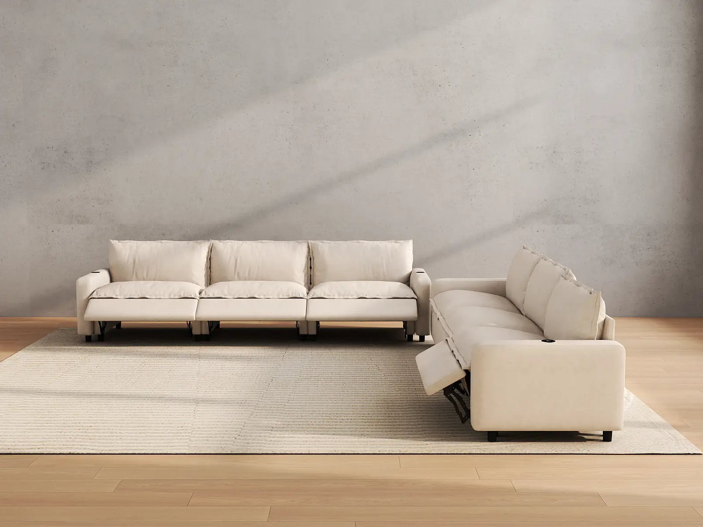 Modular Cero Reclining Sectionals | 6-Piece Beige Linen Grand Estate V-Shaped Sectionals 6-Seater