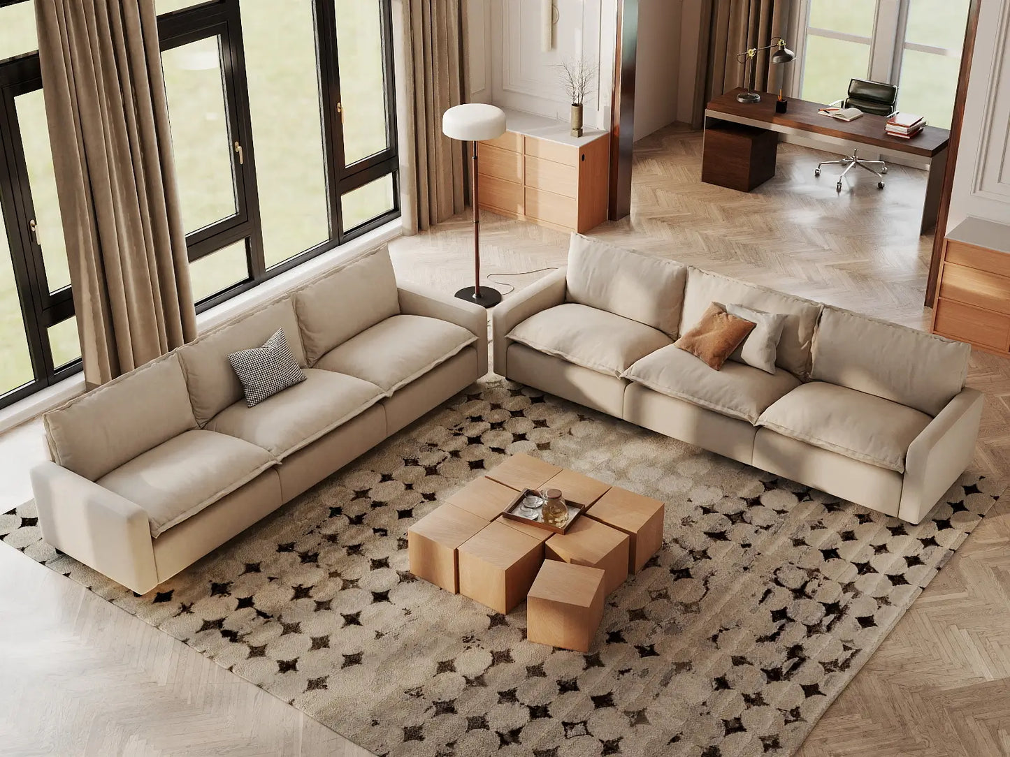 Modular Cero Modular Sectionals | 6-Piece Beige Linen Grand Estate V-Shaped Sectionals 6-Seater