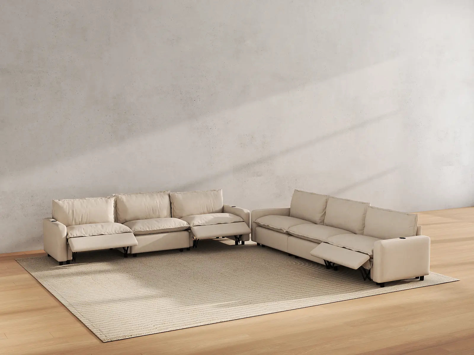 Modular Cero Sectional Sofa with Recliner | 6-Piece Beige Linen Grand Estate V-Shaped Sectionals 6-Seater