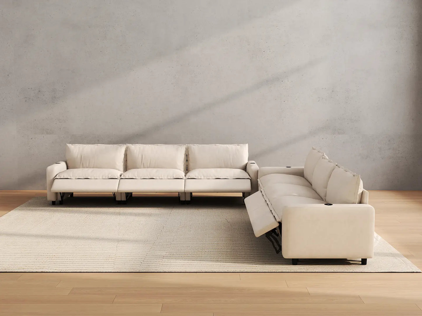 Modular Cero Reclining Sectionals | 6-Piece Beige Linen Grand Estate V-Shaped Sectionals 6-Seater