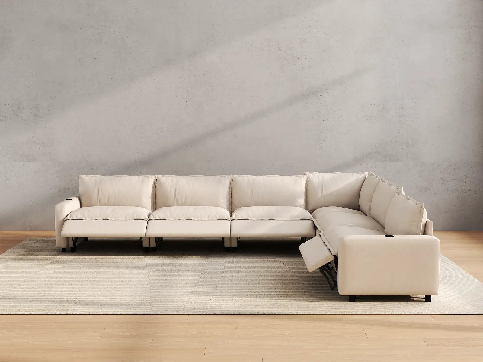 Modular Cero Recliner Sectional | 6-Piece Beige Linen Grand Estate V-Shaped Sectionals 6-Seater