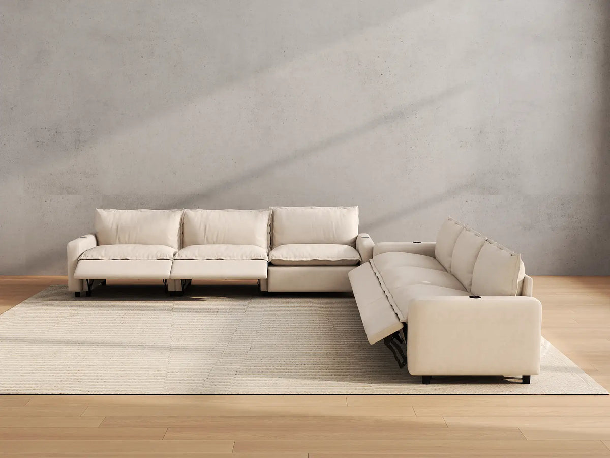 Modular Cero Reclining Sectionals | 6-Piece Beige Linen Grand Estate V-Shaped Sectionals 6-Seater