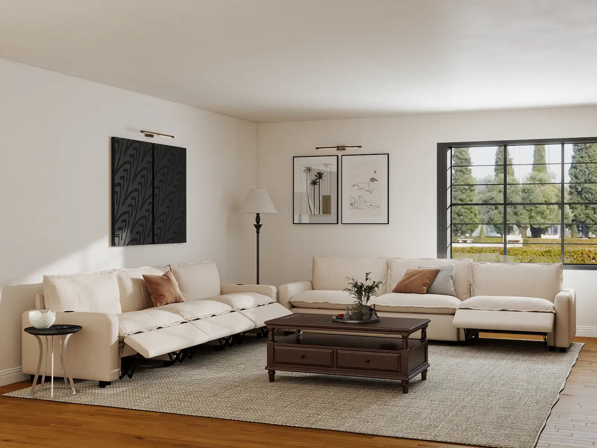 Modular Cero Reclining Sectionals | 6-Piece Beige Linen Grand Estate V-Shaped Sectionals 6-Seater