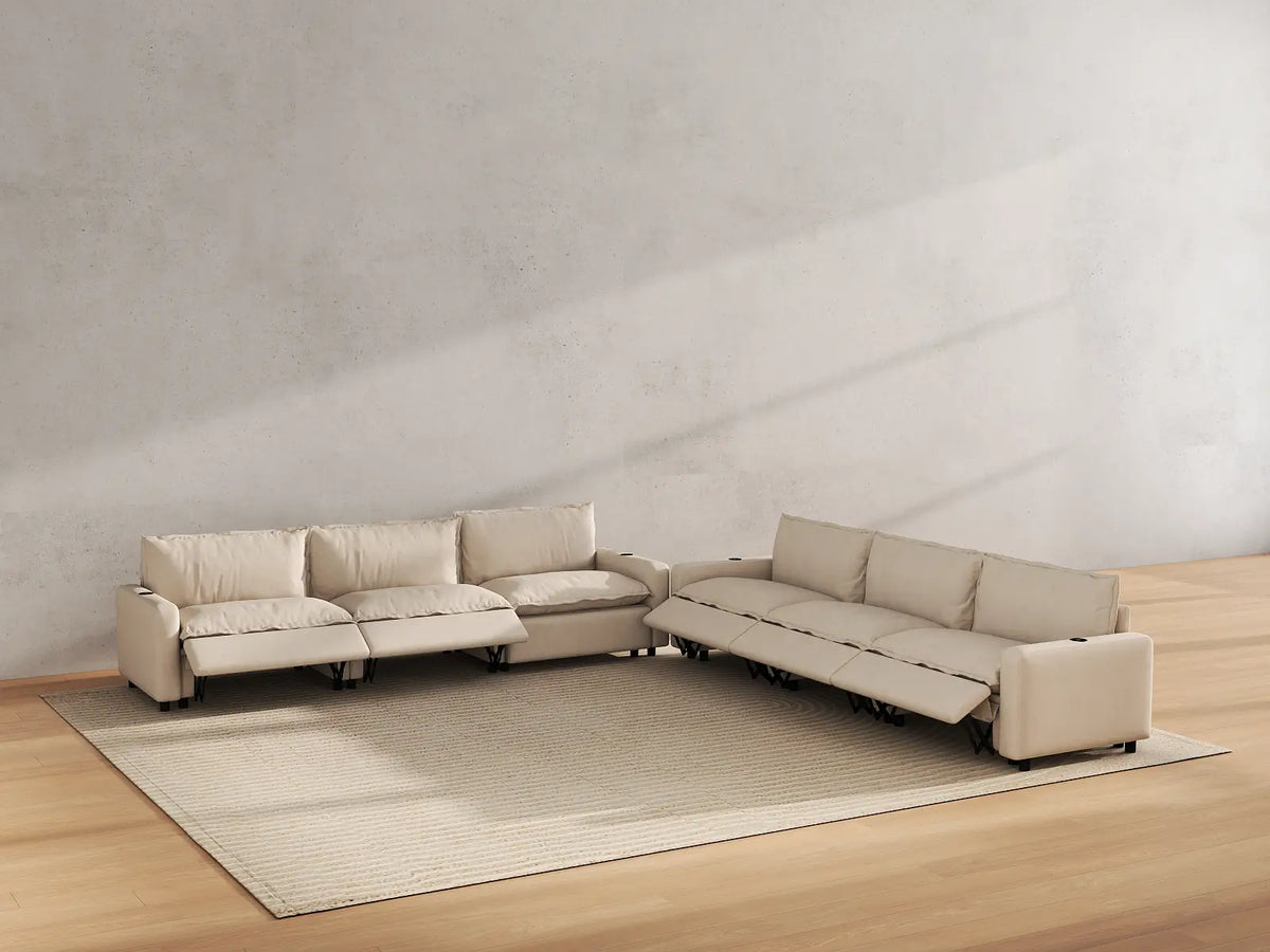 Modular Cero Reclining Sectionals | 6-Piece Beige Linen Grand Estate V-Shaped Sectionals 6-Seater