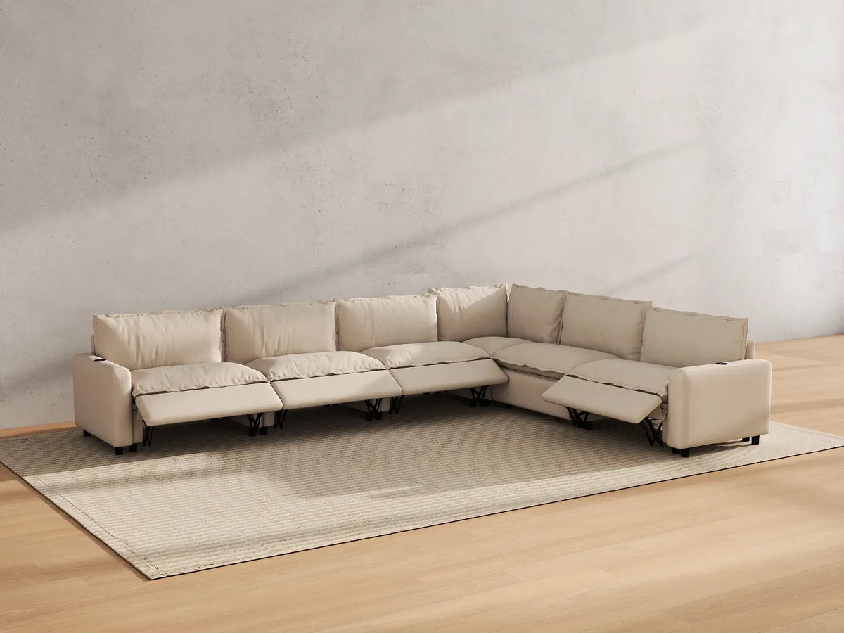 Modular Cero Reclining Sectionals | 6-Piece Beige Linen Grand Estate V-Shaped Sectionals 6-Seater