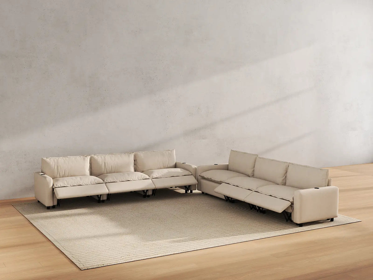 Modular Cero Reclining Sectionals | 6-Piece Beige Linen Grand Estate V-Shaped Sectionals 6-Seater