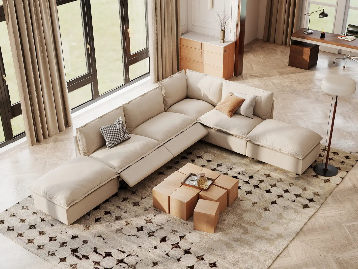 Modular Cero Reclining Sectionals | 6-Piece Beige Linen Home Living L-Shaped Sectionals 4-Seater with 2-Ottomans