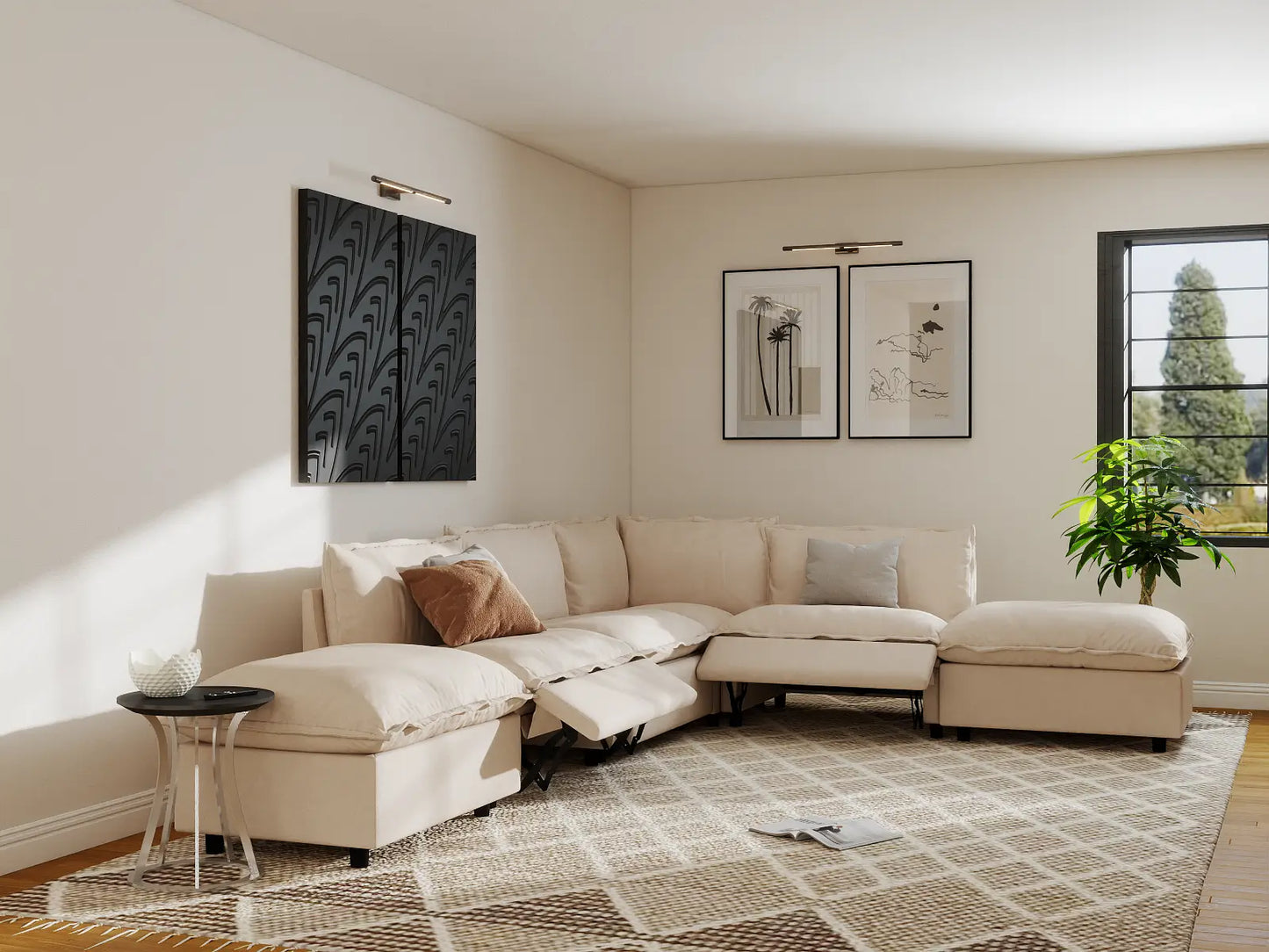 Modular Cero Reclining Sectionals | 6-Piece Beige Linen Home Living L-Shaped Sectionals 4-Seater with 2-Ottomans