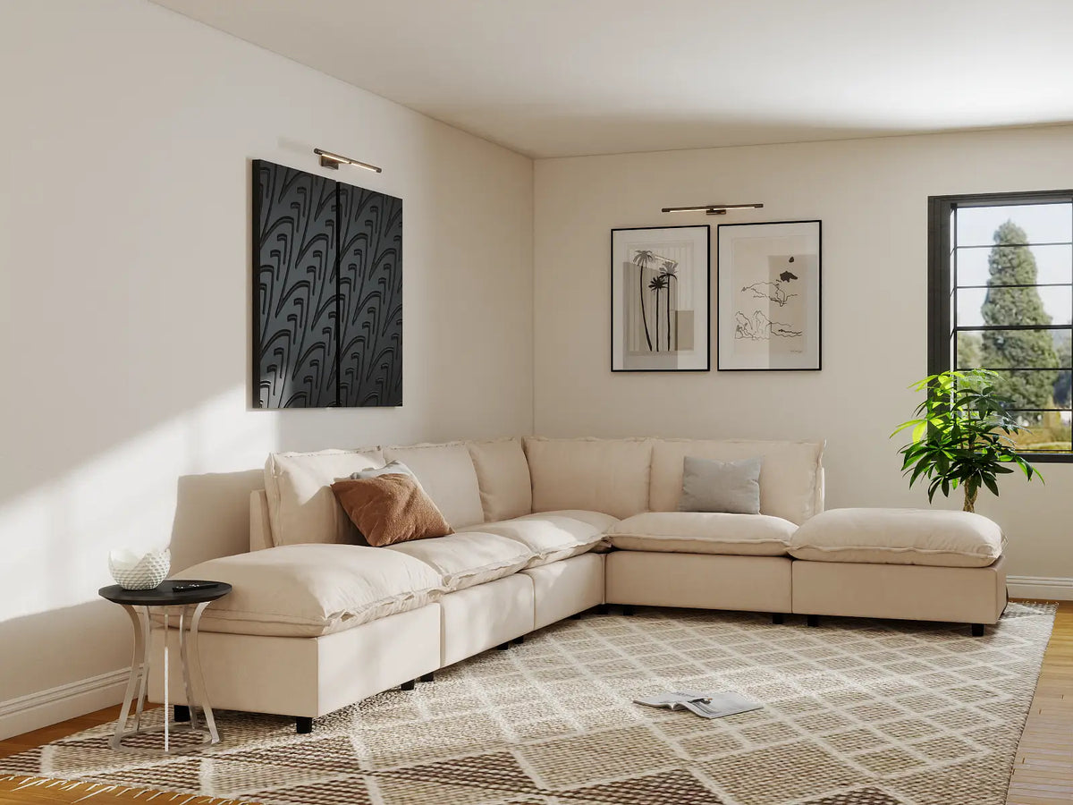 Modular Cero Modular Sectionals | 6-Piece Beige Linen Home Living L-Shaped Sectionals 4-Seater with 2-Ottomans