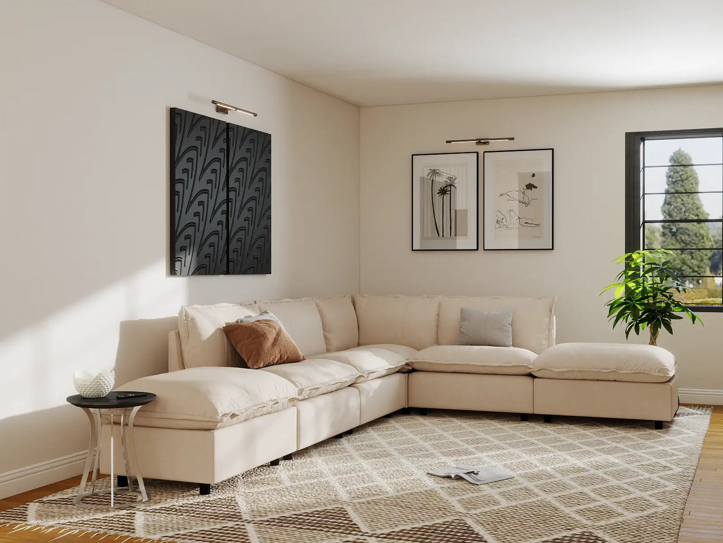 Modular Cero Modular Sectionals | 6-Piece Beige Linen Home Living L-Shaped Sectionals 4-Seater with 2-Ottomans